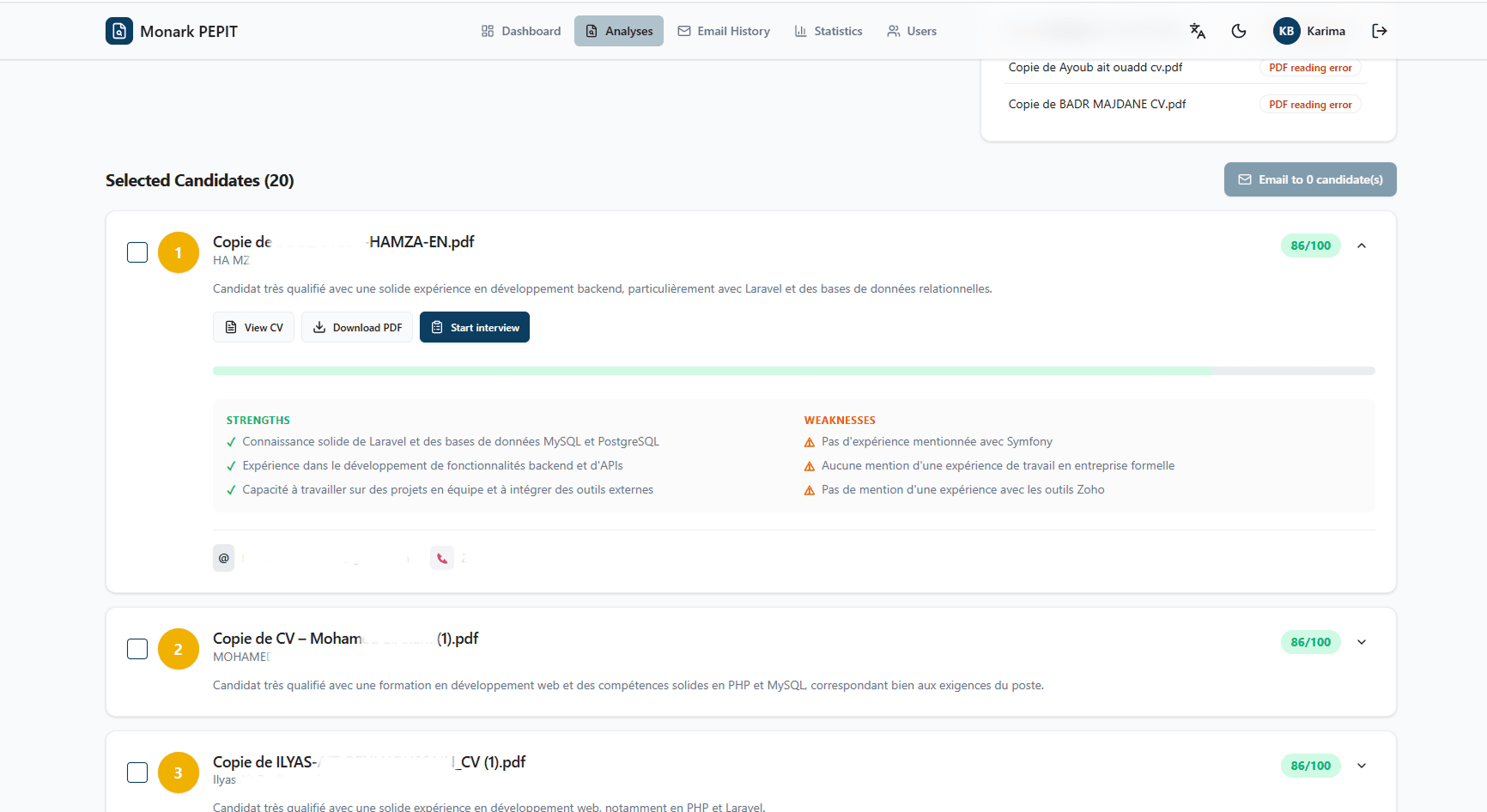 0-100 score, summary, strengths, weaknesses, reservations, and generated interview questions.